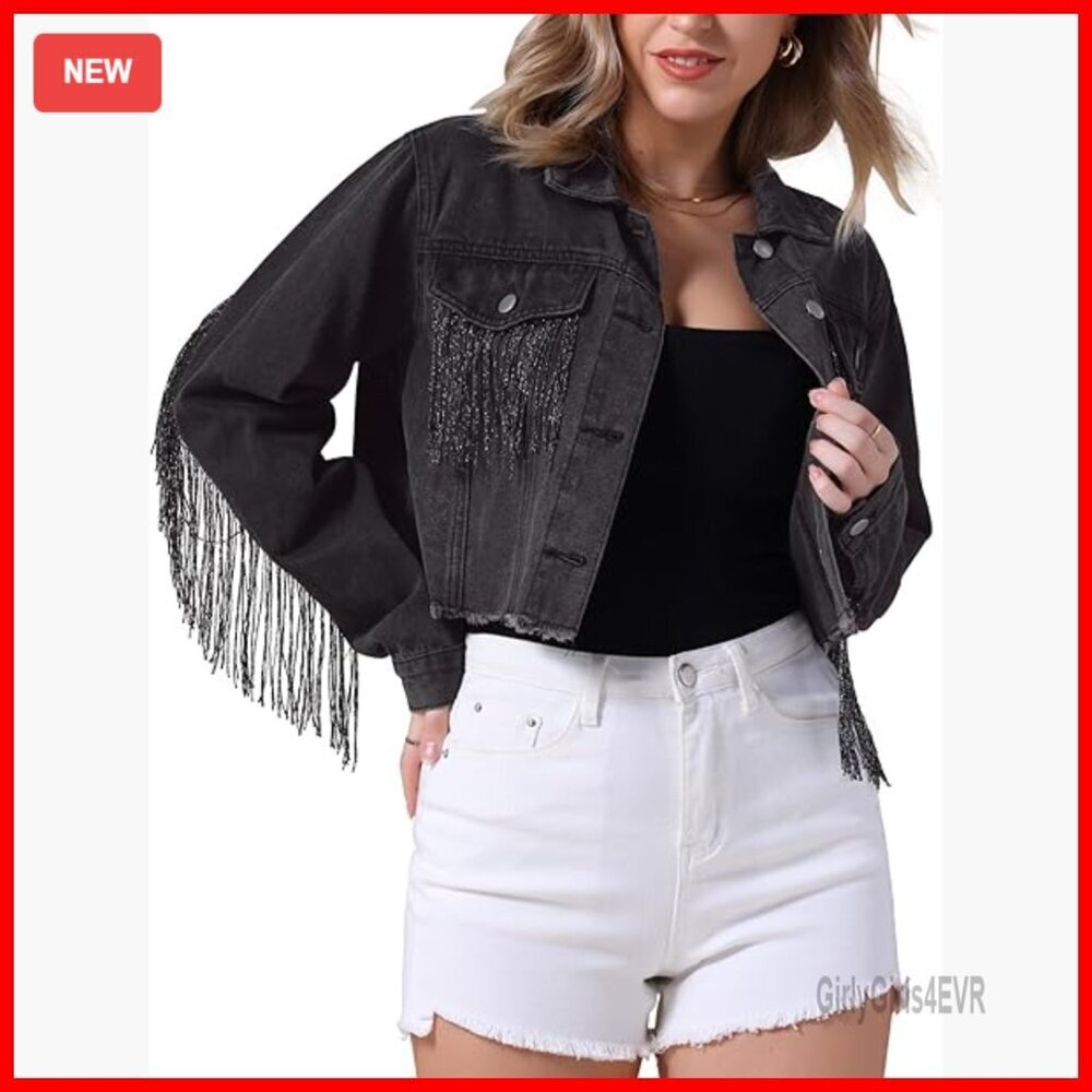 Cropped Denim Jacket with Fringe Tassels, Long Sleeve Western Style